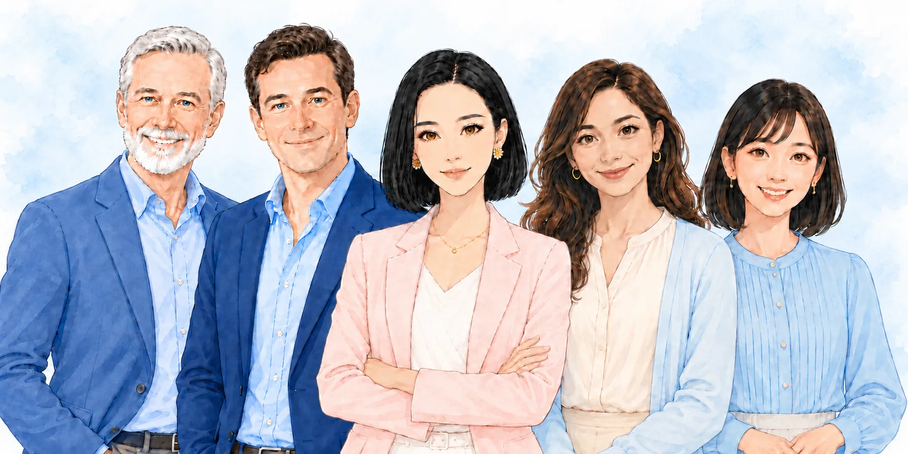 St. Thomas Academyの代表Sarahと講師陣(William・James・Samar・Moe)の水彩調イラスト